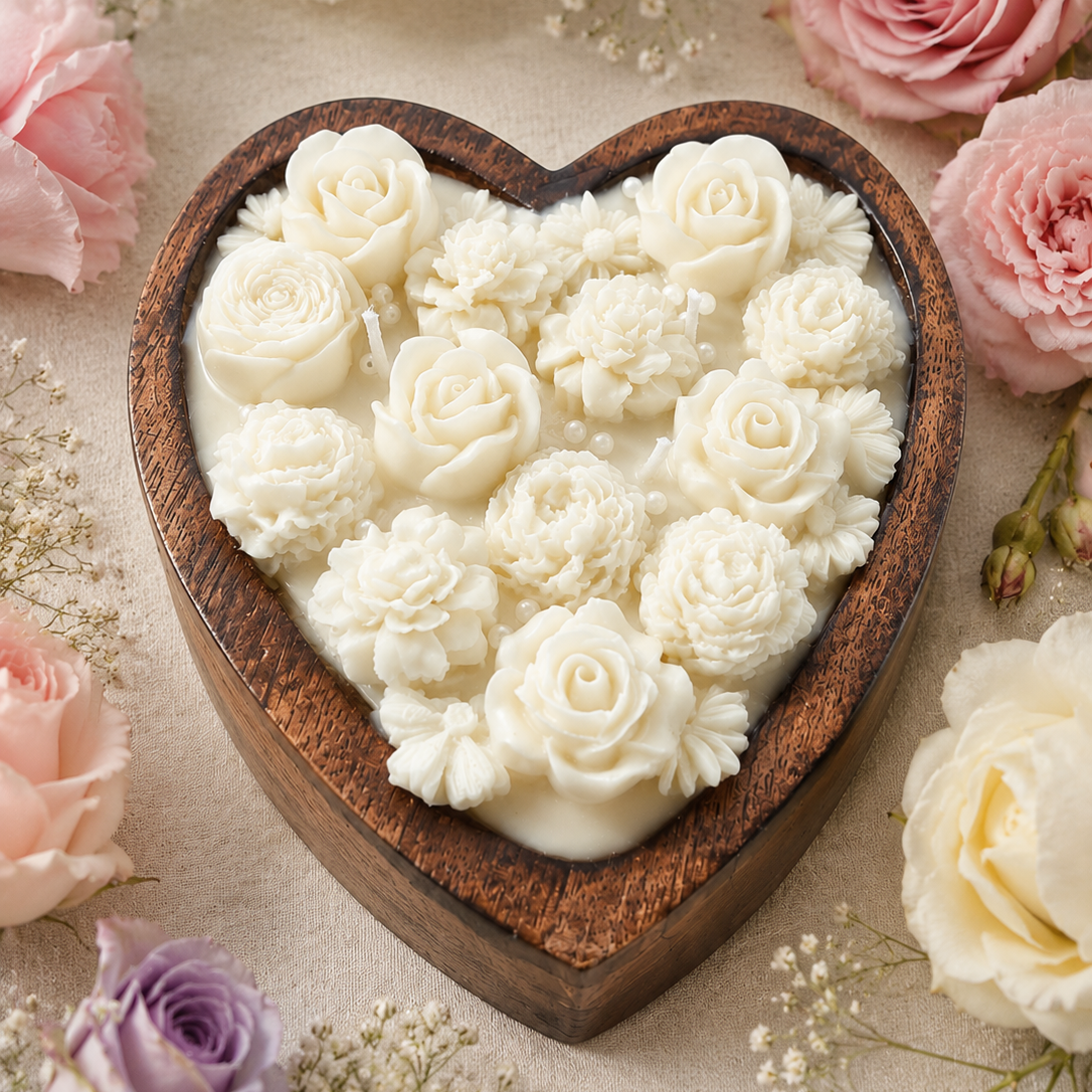 Wooden Heart Floral Candle