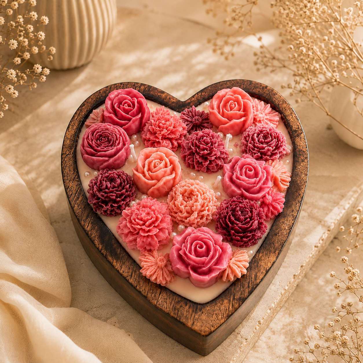 Wooden Heart Floral Candle