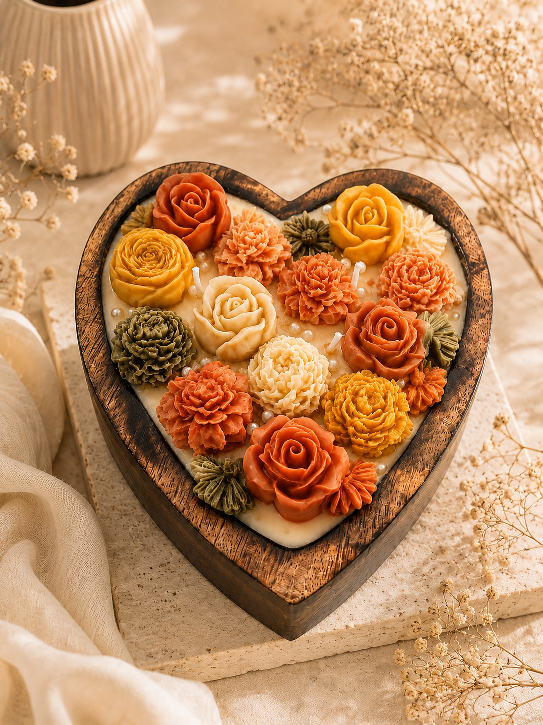Wooden Heart Floral Candle