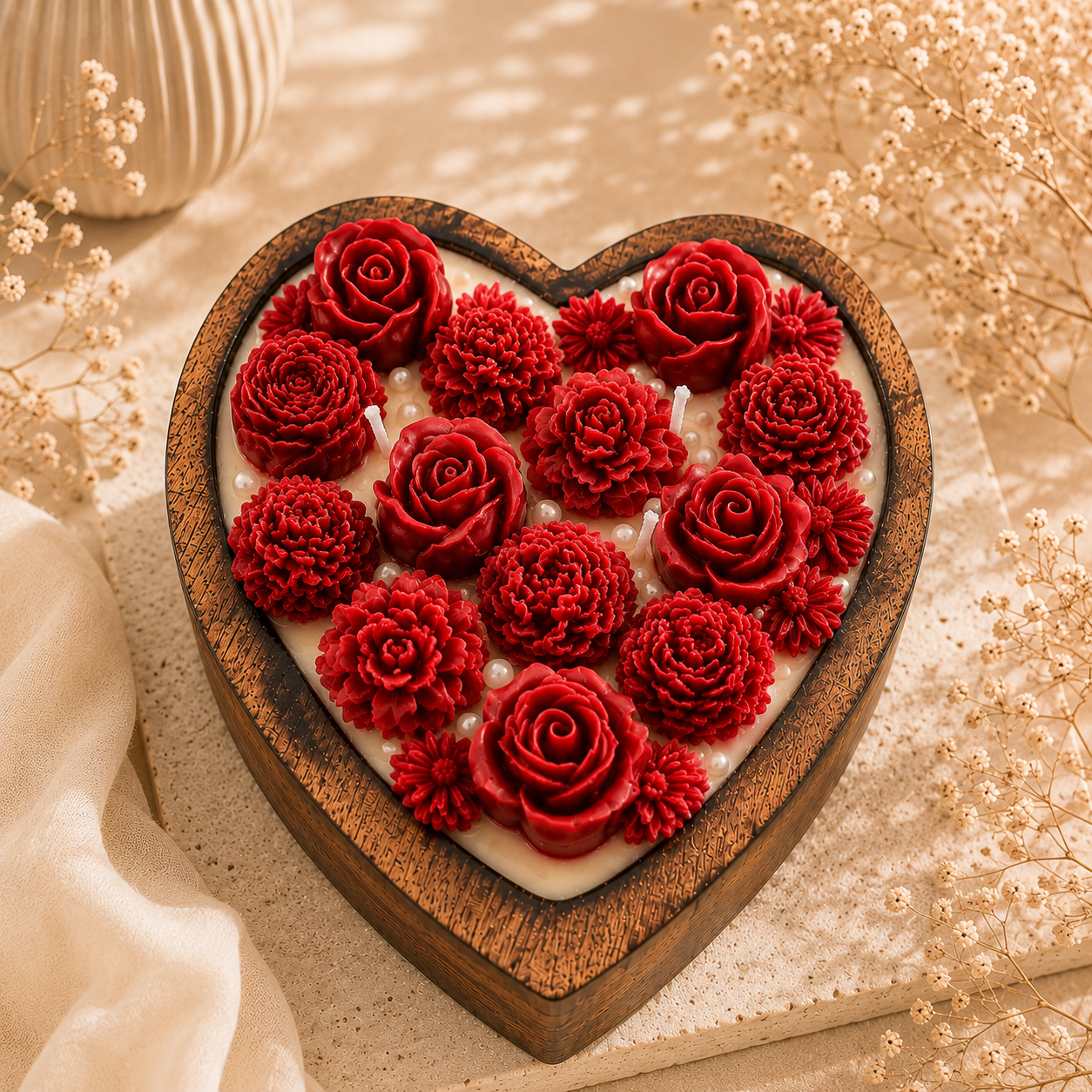 Wooden Heart Floral Candle