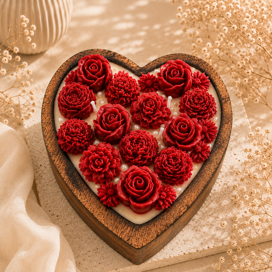 Wooden Heart Floral Candle